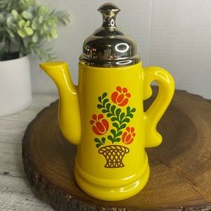 vintage avon bottle teapot perfume Bottle Yellow With Floral Prints FULL